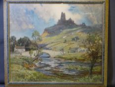 COLOURED PRINT - river scene with bridge, cottages and figures and with ruined hilltop abbey,