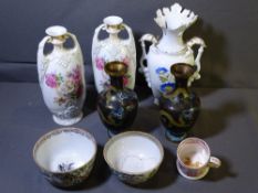 PAIR OF JAPANESE CLOISONNE VASES, three Victorian decorated vases, a Staffordshire frog mug ETC
