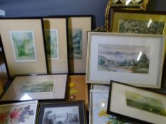 QUANTITY OF FRAMED WATERCOLOURS, PICTURES & PRINTS and two gilt framed wall mirrors