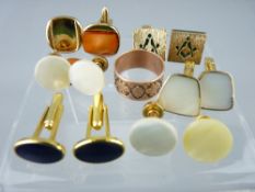 PAIR OF MASONIC 9CT STAMPED GENTS' CUFFLINKS, 13grms approximately, with others and a rose colour