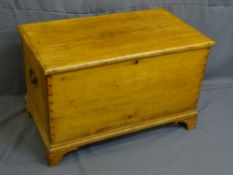 VINTAGE STRIPPED PINE CAPTAIN'S CHEST with iron carry handles on corner bracket feet, 53.5cms