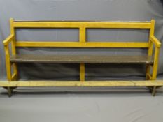 A SCUMBLE PAINTED PINE OPEN BENCH, 93cms height, 204cms length, 40cms depth and associated kneeler