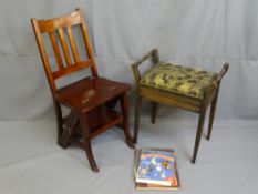REPRODUCTION MAHOGANY SET OF LIBRARY STEPS/CHAIR and a vintage box seat piano stool with music sheet