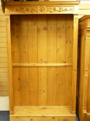 SUBSTANTIAL MODERN PINE OPEN BOOKCASE with carved details (converted for hanging space, no shelves),