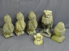 SIX RECONSTITUTED STONE GARDEN ORNAMENTS including three matching birds and a standing owl, a cone