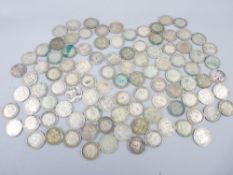 APPROXIMATELY ONE HUNDRED SILVER THREE PENCE PIECES, early to mid 20th century, approximately 4.5