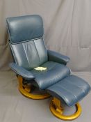 EKORNES STRESSLESS SWIVEL ARMCHAIR, 110cms height and matching stool in blue