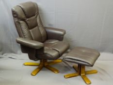 MODERN BROWN SOFT LEATHER EFFECT RECLINING SWIVEL ARMCHAIR with matching foot stool, 100cms
