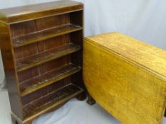 VINTAGE MAHOGANY OPEN BOOKCASE, 107cms height, 79cms width, 21cms depth and an oak twin-flap