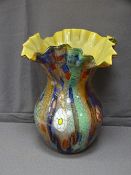 LARGE VENETIAN GLASS VASE with colourful and gold inclusions and handkerchief type top, 36cms