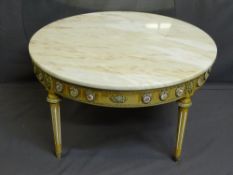 FRENCH CIRCULAR TOP MARBLE COFFEE TABLE with gilt metal mounts inset with porcelain roundels on