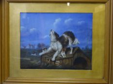 20th Century School oil on board behind glass - chained dog with puppies 'The Rescue', 39 x 31cms