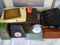 VICTORIAN WRITING SLOPE (FOR RESTORATION), three vintage mantel clocks, a small travel case ETC