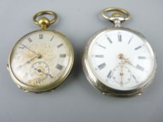 TWO VINTAGE POCKET WATCHES, white and gilt metal cased, one having engraved dial