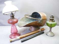 COPPER COAL SCUTTLE, two oil lamps and a leather bound telescope ETC