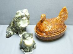 PORTMEIRION 'HEN ON NEST', a Russian porcelain cat ornament and a signed English cat ornament