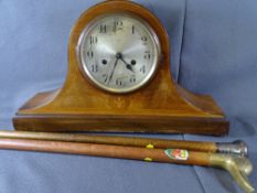 ENFIELD MAHOGANY MANTEL CLOCK WITH SILVER DIAL and two walking sticks, one with silver handle