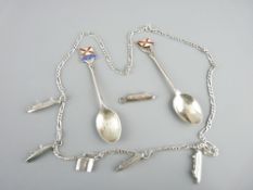 SILVER NECKLACE with boating charms and two silver souvenir spoons