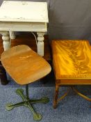 MODERN GOTHIC STYLE OCCASIONAL TABLES, a swivel work stool, reproduction coffee table with crinoline