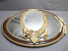 GILT FRAMED OVAL BEVELLED WALL MIRROR with candle sconces and another oval mirror with shell