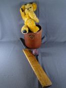 'THE CANNON', VINTAGE GUNN & MOORE CRICKET BAT, an old teddy bear, cricket ball and leather effect