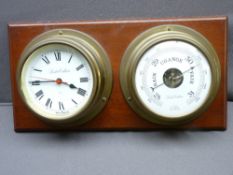 SHIP'S CLOCK & WALL BAROMETER ON A PLINTH