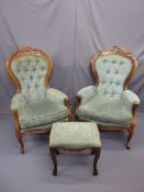 TWO ANTIQUE STYLE BUTTON UPHOLSTERED SPOONBACK ARMCHAIRS and a matching footstool, various