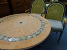 CIRCULAR GARDEN TABLE WITH TILED MOSAIC PATTERNED TOP, 120cms diameter and a set of four chairs by