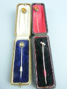 GOLD, DIAMOND & PEARL SET STICKPIN together with three citrine/topaz stickpins, a set