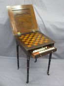 REGENCY MAHOGANY FOLD-OVER GAMES TABLE, baize top with chequer board interior, sliding frieze tray