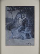 WHH initialled 1913 mixed media - a couple at dusk on a park bench, 29 x 21cms