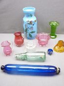 CRANBERRY GLASSWARE, a milk glass vase and a glass rolling pin ETC