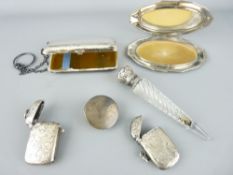 SILVER PARCEL - oblong lady's cigarette case with chain and ring, Birmingham 1919, two vestas, dates