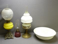 OIL LAMPS X THREE, one with edged glass shade, the other milk glass ETC