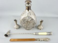 CONTINENTAL SILVER PARCEL - a dimple glass spirit bottle with sterling collar and top with allover