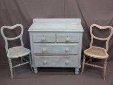 VICTORIAN PAINTED PINE CHEST of two short over two long drawers with railback on bun feet, 91.5cms