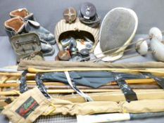 PAIR OF FENCING FOIL & MASK, vintage hiking boots, fishing equipment ETC