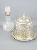 HOBNAIL CUT GLASS DECANTER & BISCUIT BARREL fine quality onion shaped decanter with silver collar by