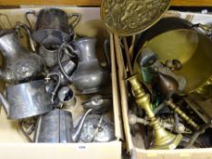ELECTROPLATE, PEWTER, BRASSWARE, an assortment of (two boxes)
