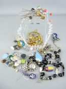 COLLECTION OF VICTORIAN & LATER COSTUME JEWELLERY, badges and hat pins