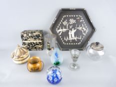 MIXED GROUP OF COLLECTABLES including a Mauchlinware Cauldron Burns Monument, a Victorian glass