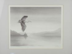 PHILIP SNOW - Heron over Mawddach Estuary, signed, 24 x 29cms