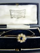SAPPHIRE & PEARL SET, gold bar brooch in a case