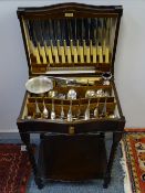 CUTLERY TABLE with barley twist supports, bone handle and other contents