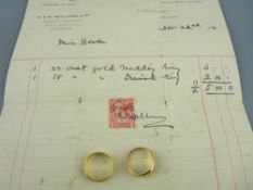 TWO WIDE GOLD WEDDING BANDS, 22ct, 4gms and 18ct with tiny diamond, 4gms, each in their original