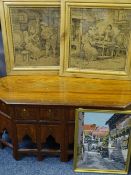 INDIAN STYLE FOLDING TABLE with painted detail and a quantity of tapestries