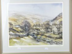JOHN GIBSON coloured limited edition print (114/300) - Yorkshire village scene with river bridge,