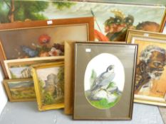 PAINTINGS & PRINTS including watercolour of Peregrine Falcon, unsigned, oil on board seascape ETC