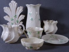 BELLEEK CHINA, seven pieces with various coloured stamps