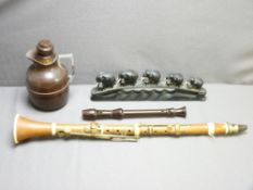 METZLER OF LONDON WOODEN CLARINET, a recorder, an ebony elephant train and a Bakelite flask